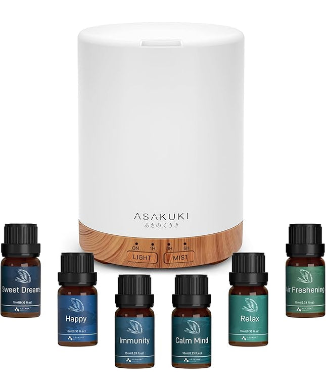 ASAKUKI Essential Oil Diffuser, Aromatherapy Cool Mist Home Humidifier with 7 LED Color Changing Light and Auto-Off Safety Switch, 6 Essential Oils Set, 300ml (Brown with Oils)