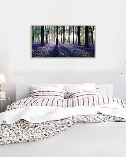 yearainn Framed Lavender Forest Wall Art – Purple Lavender Field with Sunlight through Trees Canvas Picture, Nature Landscape Painting Artwork for Home Wall Decor, Natural Wood Frame, 24" x 48"
