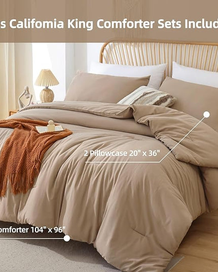 ROSGONIA California King Comforter Set Taupe Brown, 3pcs (1 Boho Tan Cal King Comforter & 2 Pillowcases), Soft Bedding Lightweight Bedspread Blanket