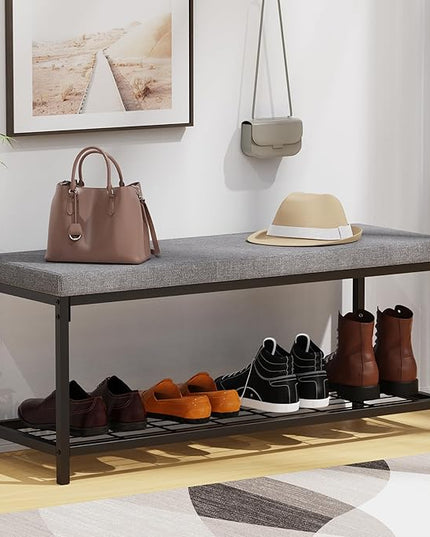 Shoe Bench, 43.3" Entryway Bench with Cushion Seat, Shoe Rack Bench with Storage, Modern Style, Holds Up to 350 lb, for Living Room, Bedroom, Hallway, Grey
