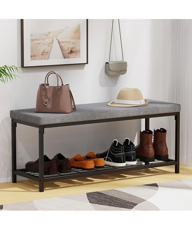 Shoe Bench, 43.3" Entryway Bench with Cushion Seat, Shoe Rack Bench with Storage, Modern Style, Holds Up to 350 lb, for Living Room, Bedroom, Hallway, Grey