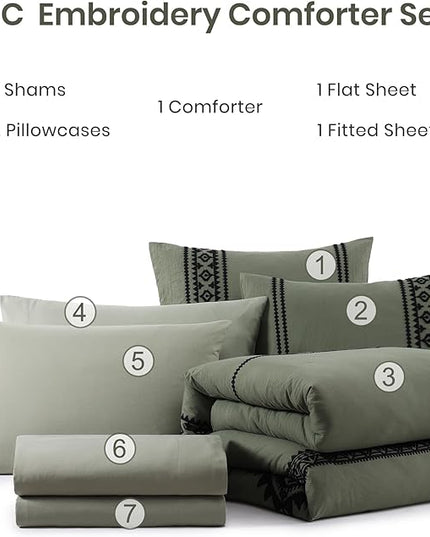 MaiRêve Embroidery Comforter Set, Boho Farmhouse Western Bedding Set, All Season Bed in A Bag Comforter Set with Sheets, Pillowcases & Shams, Olive Green Full 7 Pieces