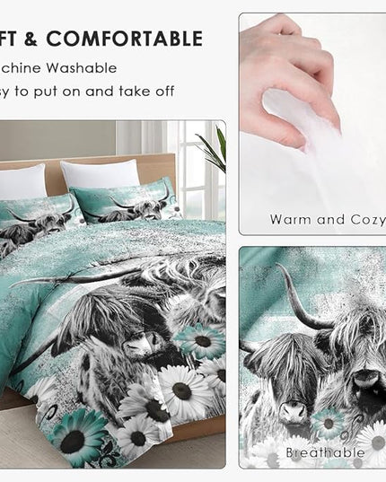 Comforter Set Twin Size with Pillowcase, Highland Cow Animal 2 Pcs Bedding for Kids and Adults, Farm Daisy Soft Comforter Set for Bedroom Bed Decor
