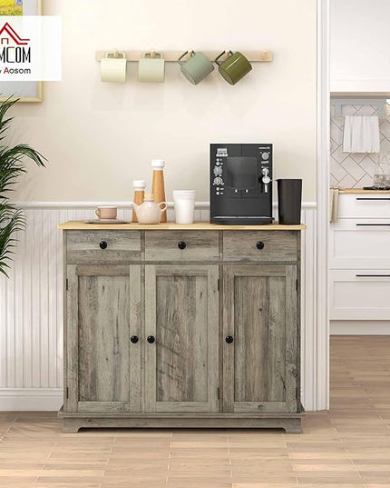 HOMCOM Sideboard with Solid Wood Countertop, Modern Kitchen Storage Cabinet, Coffee Bar Cabinet with 3 Drawers, Doors and Adjustable Shelf, Distressed Gray