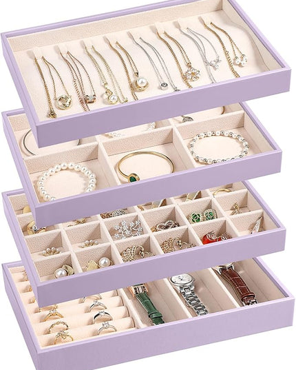 LANDICI Stackable Jewelry Organizer Trays 4 Set,PU Leather Jewelry Organizer Drawer,Jewelry Storage Display Tray for Earring Necklace Rings Bracelet with Removable Dividers,Lavender
