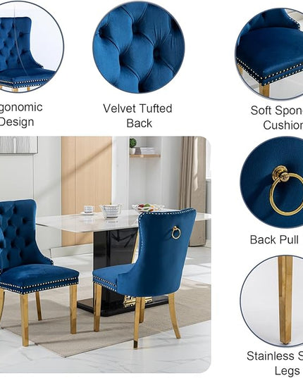 Glass Dining Table Set for 4, Square 36" Dining Table with Gold Cross Metal Leg, 4 Blue Velvet Dining Chairs with Stainless Steel Legs, Modern Glass Kitchen Table and Chairs Set for Small Space