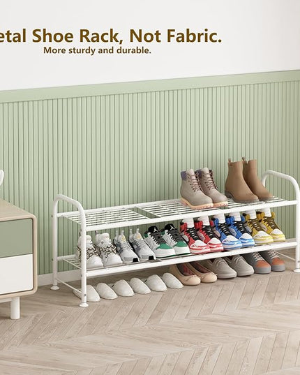 LINZINAR Shoe Rack Long 2 Tier Shoe Storage Organizer Metal Wide Shoe Shelf for Closet Entryway Bedroom 18 Paris Large Capacity, White