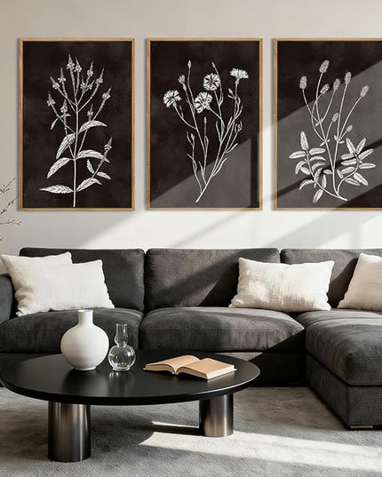 Extra Large Black and White Floral Wall Art Framed Botanical Wall Decor 3 Pieces for Bathroom Living Room Bedroom 24x36 Inch