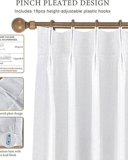 IVAPUPU Linen Pinch Pleated 100% Blackout Curtains for Bedroom - 2 Pages Black Out White Curtains 63 Inch Long 2 Panel for Living Room Darkening Thermal Window Curtain Drapes with 16pc Hooks