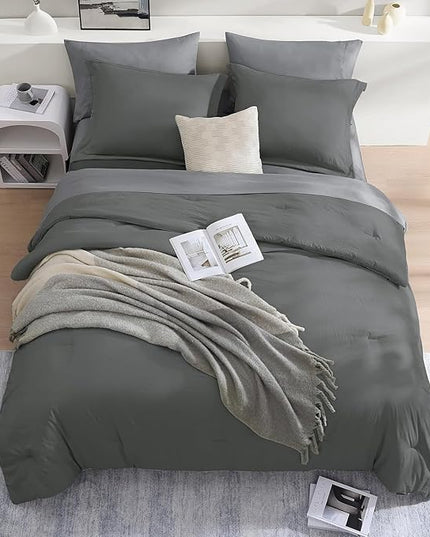 WRENSONGE King Size Comforter Set- 7 Pieces Soft Grey Bed in a Bag with Fitted Sheet, Flat Sheet, 2 Pillow Shams, and 2 Pillowcases- Warm Bedding Set for All Season
