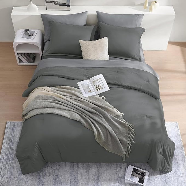WRENSONGE King Size Comforter Set- 7 Pieces Soft Grey Bed in a Bag with Fitted Sheet, Flat Sheet, 2 Pillow Shams, and 2 Pillowcases- Warm Bedding Set for All Season