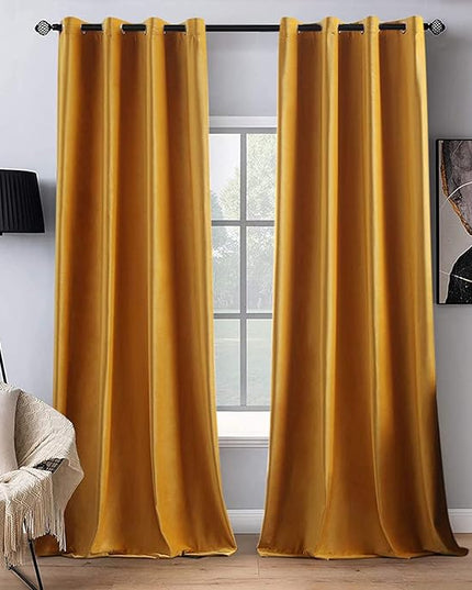 MIULEE 2 Panels Blackout Velvet Curtains Solid Soft Grommet Mustard Yellow Curtains Black Out Thermal Insulated Soundproof Room Darkening Drapes/Panels for Fall Living Room Bedroom 52 x 96 Inch Length
