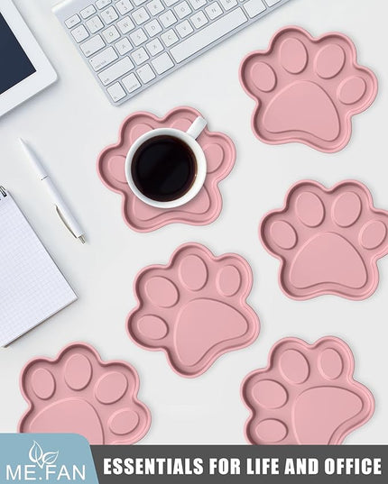 ME.FAN Silicone Coasters 6 Pack Paw Cup Mat with Holder, Dog Cat Paw Shape, for Hot or Cold Drink, Non-Slip, Non-Stick, Room Decor, Housewarming Dusty Rose