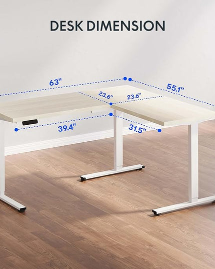 FLEXISPOT L Shaped Standing Desk, 63 x 55 Inch Electric Height Adjustable Corner Desk, Sit Stand Computer Workstation, Preset Controller, Home Office, White Frame with Maple Top