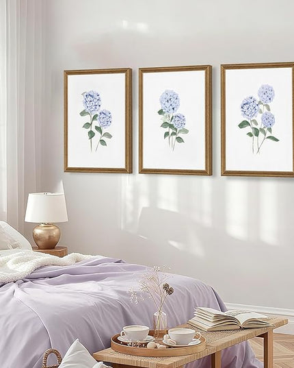 WRFON Hydrangea Wall Art, Blue Floral Wall Decor, Blue Watercolor Botanical Poster Wall Decor, Modern Minimalist Botanical Canvas Painting Print for Living Room Bedroom Wood Framed 16"x24"x3