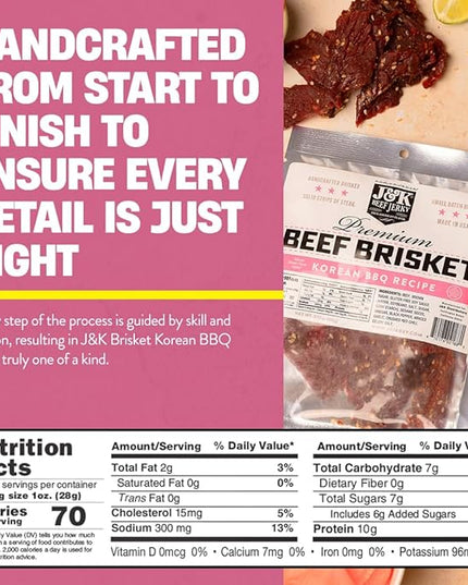 J&K Beef Brisket Jerky - Korean BBQ - Hand Crafted Small Batch American Made Slab Jerky - Bold & Flavorful Snack! - 7oz Big Bag
