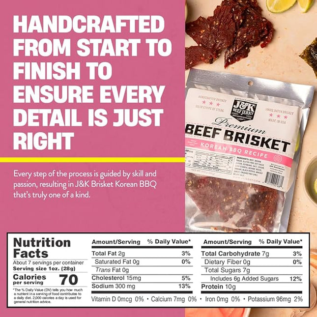 J&K Beef Brisket Jerky - Korean BBQ - Hand Crafted Small Batch American Made Slab Jerky - Bold & Flavorful Snack! - 7oz Big Bag
