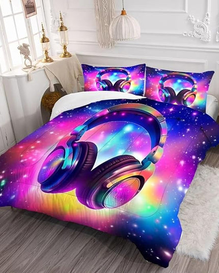 Galaxy Headphones Comforter Set Queen Purple Music Theme Bedding for Girls Kids Colorful Glitter Quilt 1 Comforter,2 Pillow Cases