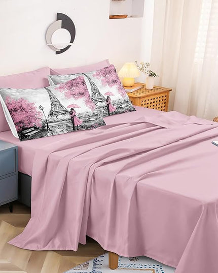 Bedbay Eiffel Tower Couple Bedding Comforter Set Bed in a Bag Queen Pink Paris Bed Set Girls Teen Women Bedroom Decor Aesthetic Soft Lightweight Comforter Queen Size 8 Pcs Down Alternative Duvet