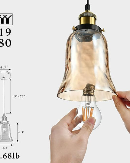 Modern Glass Pendant Light, 5.5"x6.3" Amber Ribbed Globe Light Fixture with Gold Cap, 15"-72" Adjustable Cord, E26 Socket for Dining or Lounge Areas – Sunrise Glow Trumpet