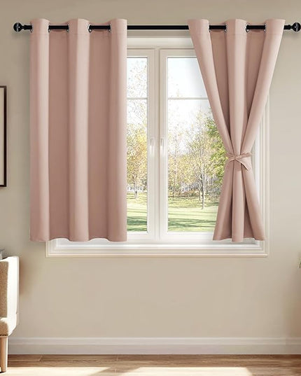 JIUZHEN Blackout Curtains with Tiebacks - Thermal Insulated, Light Blocking and Noise Reducing Grommet Curtain Drapes for Bedroom and Living Room, Set of 2 Panels, 38 x 54 Inch Length, Blush Pink