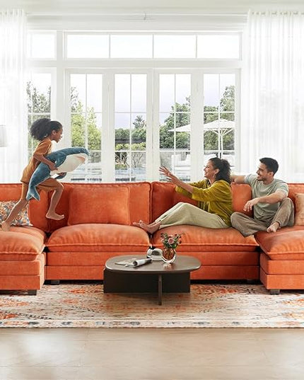 ELUCHANG 153" U Shaped Modular Sectional Cloud Couch with Pillow, Deep Seat Sofa Couches for Living Room, 6-Seat Modern Sofa with Movable Ottoman, Chenille Terracotta