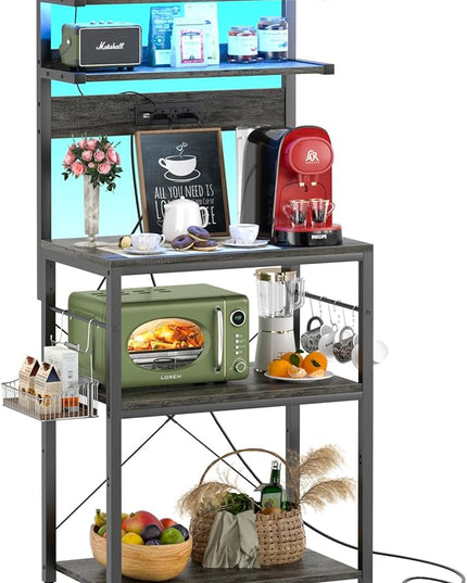 Aheaplus Bakers Rack with Power Outlet, Microwave Stand, 5 Tiers Coffee Bar Station with Led Lights, Kitchen Storage Shelf with 6 S-Shaped Hooks, Kitchen Rack for Spices, Pots and Pans, Black Oak