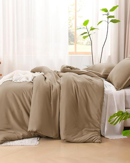 Litanika California King Size Taupe Comforter Set, 3 Pieces Cal King Solid Bedding Comforter Set, All Season Fluffy Bed Set (104x96In Comforter & 2 Pillowcases)