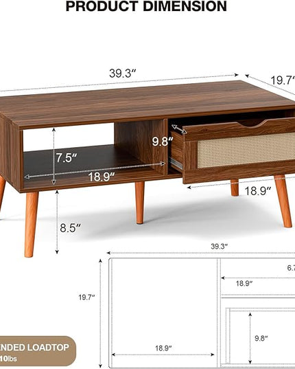 Coffee Table with Storage, Boho Dining Table with Rattan Drawer and Solid Wood Legs, Small Coffee Tables for Living Room, Walnut