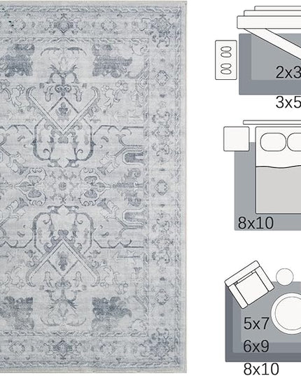 jinchan 2x3 Washable Rug for Entryway - Vintage Floral Ultra-Thin Low Pile Soft Small Non-Slip Distressed Indoor Doormat Accent Rug for Entrance Kitchen Bathroom Bedroom (2x3ft, Grey)