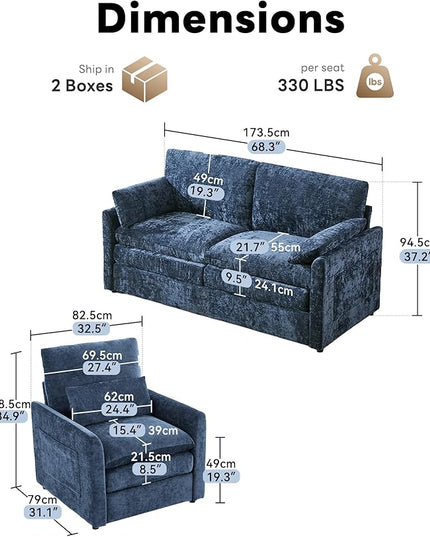 Tbfit Living Room Furniture Set, Loveseat Couch & Accent Chair, Modern Comfy Cloud Sofa Set, Spring Seat Cushions, Chenille Fabric, Blue
