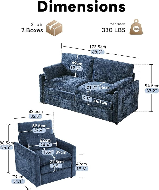 Tbfit Living Room Furniture Set, Loveseat Couch & Accent Chair, Modern Comfy Cloud Sofa Set, Spring Seat Cushions, Chenille Fabric, Blue