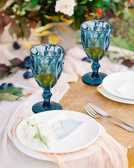 12 Pack Vintage Wine Glasses, Plastic Reusable 12 Ounce Colored Water Goblets, Unique Embossed Pattern Unbreakable Stemmed Wine Glasses High Clear Wedding Party Bar Drinking Cups Blue