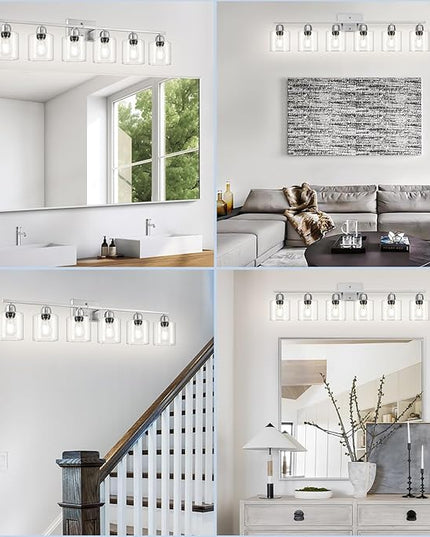Modern Brushed Nickel 6 Light Bathroom Light Fixtures,38 inch Vanity Lights for Bathroom with Clear Glass, Vanity Light for Mirror Kitchen Living Room Hallway Cabinet Porch