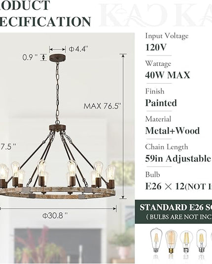 Farmhouse Wagon Wheel Chandelier 31" Wooden Chandelier Light Fixture 12-Light Rustic Chandeliers for Dining Room Living Room Entryway Foyer