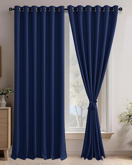 JIUZHEN Navy Blue Blackout Curtains with Tiebacks Thermal Insulated, Light Blocking and Noise Reducing Grommet Curtains for Bedroom and Living Room, Set of 2 Window Curtain Panels, 70 x 96 Inch Length