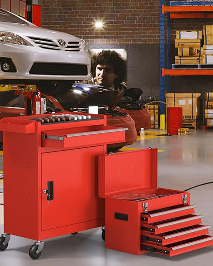 5-Drawers Tool Chest, 2-in-1 Rolling Tool Box with Wheels and Drawers, Detachable Storage Toolbox with Lock, Heavy-Duty Metal Tool Cart for Garage, Workshop (Red)
