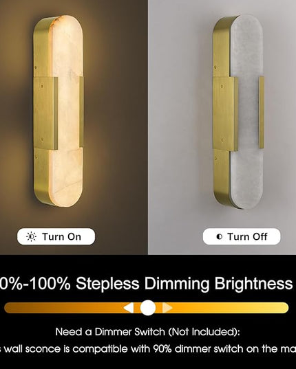 Alabaster Wall Sconce, 20" Natural Marble Wall Sconce, Brass Alabaster Sconces Set of Two, Indoor Modern Bathroom Sconces Wall Lighting for Living Room, Bedroom, Hallway, Stairs