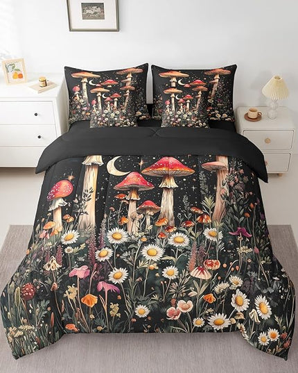 Feelyou Gothic Nature Kids Comforter Set 7pcs, Boho Butterfly Moth Flower Bed Set Queen for Boys Girl, Boho Moon Bedding with 1 Comforter,1 Fitted Sheet,1 Flat Sheet,2 Pillowcases,2 Throw Pillow Cover