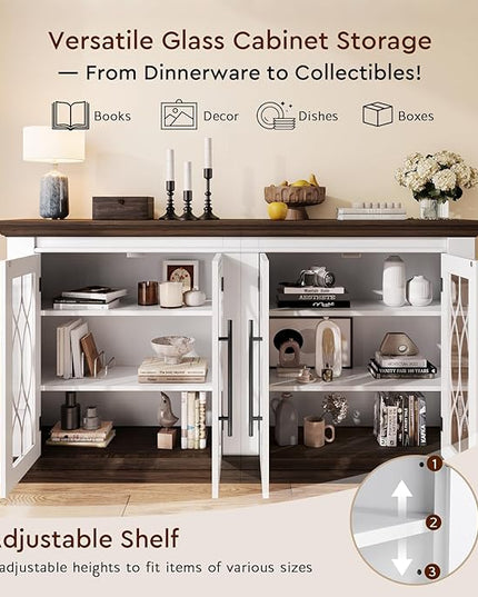 LGHM 60" Sideboard Buffet Cabinet with 4 Screen-Printed Glass Doors, Storage Cabinet with 2 in 1 Modular Design, Versatile Modern Credenza with Adjustable Shelves for Kitchen & Living Room