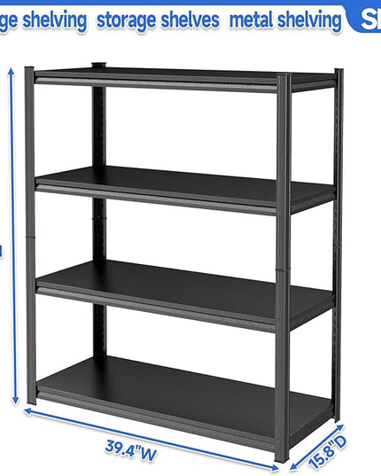 54" H Storage Shelves Heavy Duty 2000LBS Garage Shelving 4-Tier Storage Rack Adjustable Shelf for Basement, Warehouse, Pantry, Closet, Kitchen 54" H x 39.4" W x 15.8" D, Black