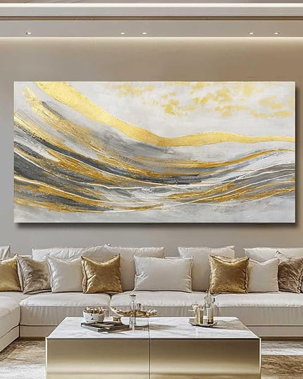Artexist White Line Wall Paintings Modern Wall Art Gold Foil Photo Prints 29"x58" Large Dining Room Wall Decor Posters for Bedroom