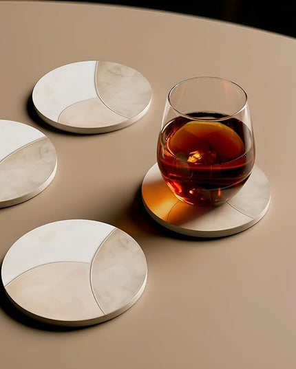 VEYRO Coasters Set of 4 for Drinks – Absorbent Ceramic Stone Drink Coasters with Cork Backing for Coffee Table & Desk, Modern Marble Look Cup Coaster Set, Housewarming Gift for New Home