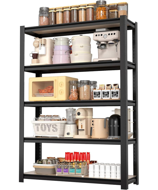 WORKPRO House 3000lbs 5-Tier Shelving Unit, 72" H Adjustable Storage Shelves, Boltless Book Shelf, Shelf Organizer for Kitchen, Living Room, Bathroom, Wood Grain Pattern, Waterproof Board, Black