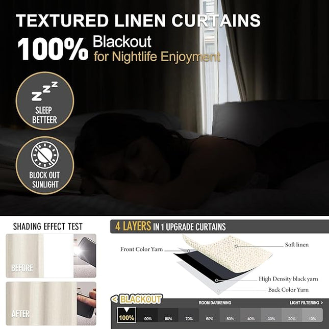 IVAPUPU Cream Beige Pinch Pleated Full Blackout Linen Curtains for Bedroom, Black Out Curtains 102 Inches Long for Living Room Darkening Thermal Insulated Neutral Pleat Drapes with 16 Hooks, 2 Panels