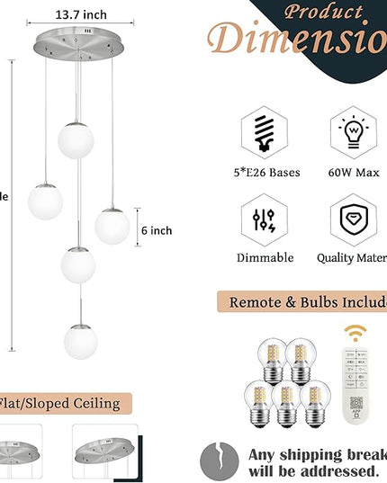 KoKo&Yukina 5-Light Globe Glass Pendant Light Adjustable Length Pendant Lights Fixtures Modern Nickel Chandelier with Milky White Glass Ceiling Lights for Foyer Hallway Bedroom (Bulb & Remote Incl.)