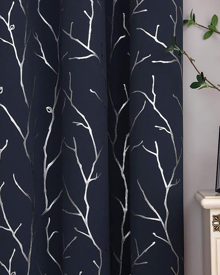 BUHUA Thermal Insulated Curtains Blackout Grommet Thermal Insulated Shinny Tree Branches Print Curtain for Bedroom, Navy Blue, 52W x 54L, Set of 2 Panels