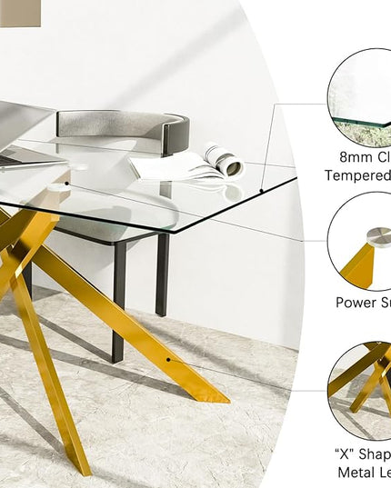 51" Rectangular Glass Dining Table Modern Kitchen Glass Top Table for 4 with Gold Metal Legs, Clear Dining Table Kitchen Table for Home Office Dining Room