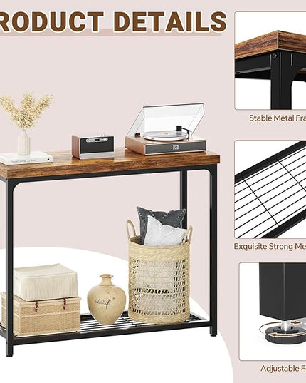 32" Small Console Table, 2-Tier Narrow Entryway Table, Sofa Table with Mesh Shelves, Console Tables for Living Room, Hallway, Entryway, Farmhouse Console Table with Storage, Rustic Brown