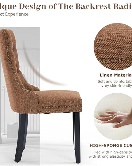 SoarFlash Linen Fabric Dining Chair Set of 2, Upholstered Tufted Dining Room Chair with Nailhead Trim and Solid Light Color Wood Leg for Kitchen (Coffee)